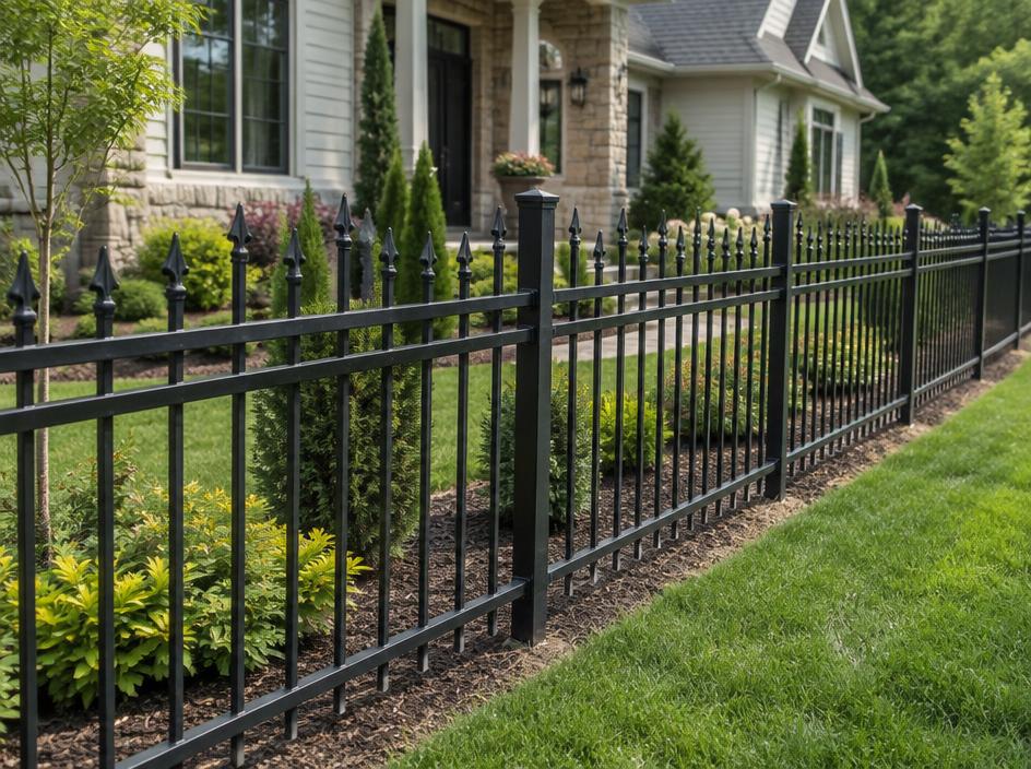 Black aluminum ornamental fence with pickets and spear tops along a front yard