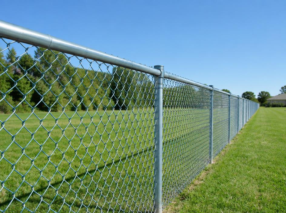 Galvanized steel chain link fence with top rail along a property boundary