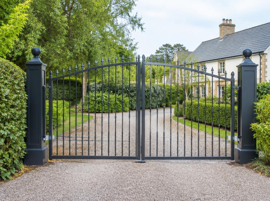 Wrought iron driveway gate with vertical bars and metal posts