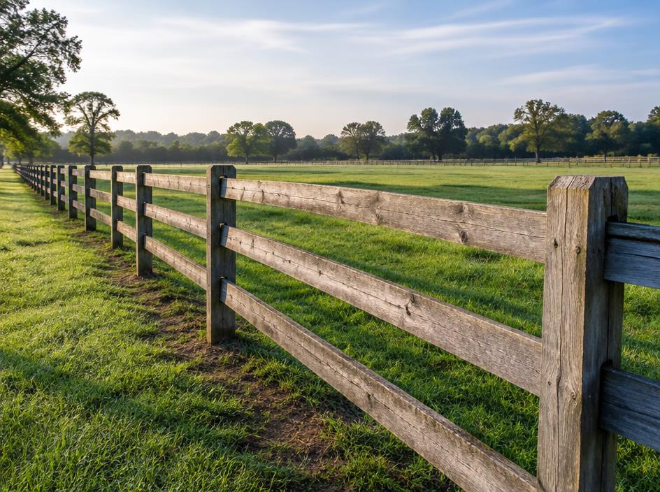 Wooden post-and-rail farm fence bordering a green pasture