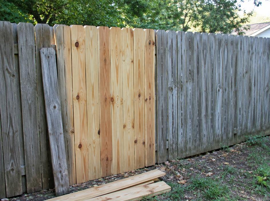 Fence repair in progress with fresh new pickets matched to an older weathered fence
