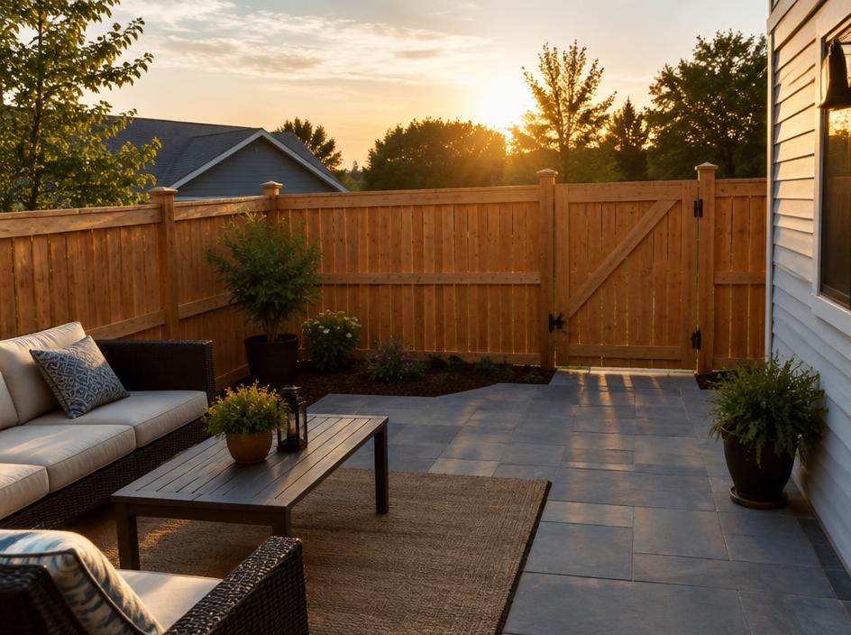 Wood fence enclosing a backyard patio