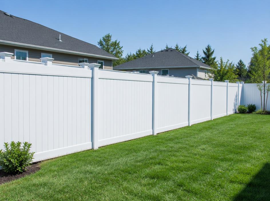 White vinyl privacy fence with clean panels around a residential yard