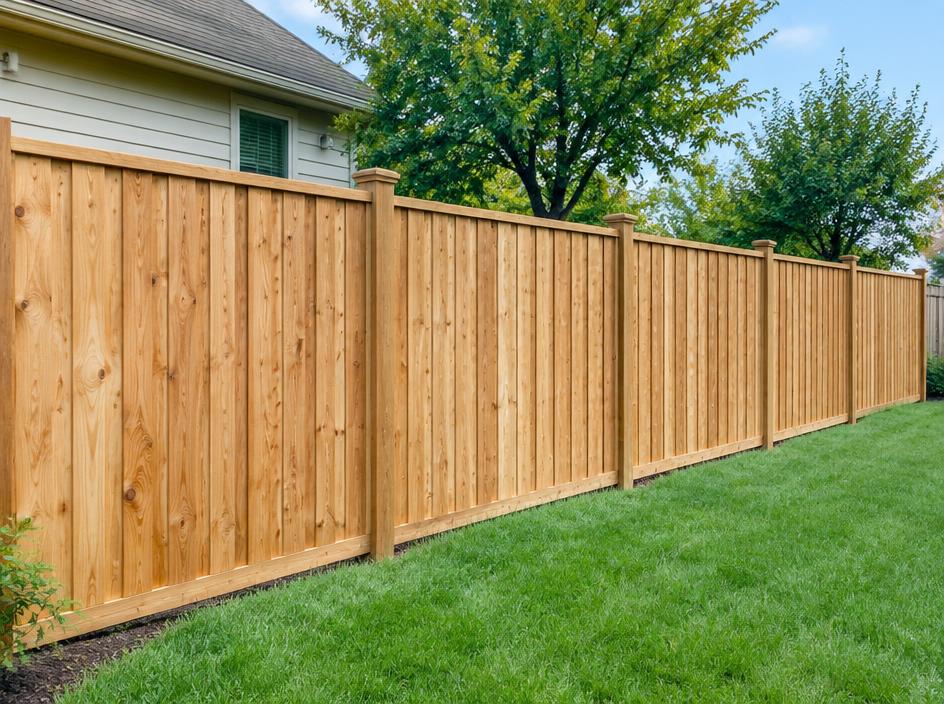 New wood privacy fence with clean vertical boards along a residential yard